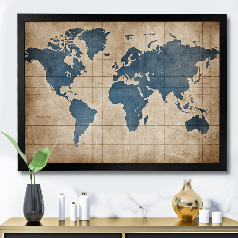 Ancienne carte du monde II - Impressions encadrées carte du monde, Cadre simple noir, H 16 po x l 32 po x P 1 po