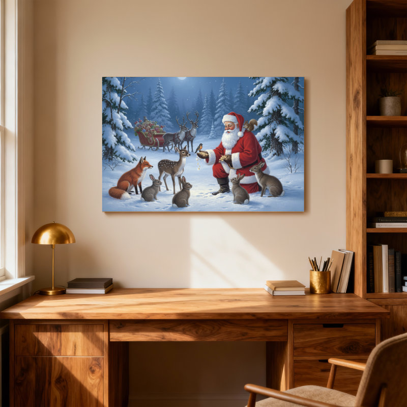 Père Noël avec des animaux dans la forêt enneigée, H 12 po x l 18 po
