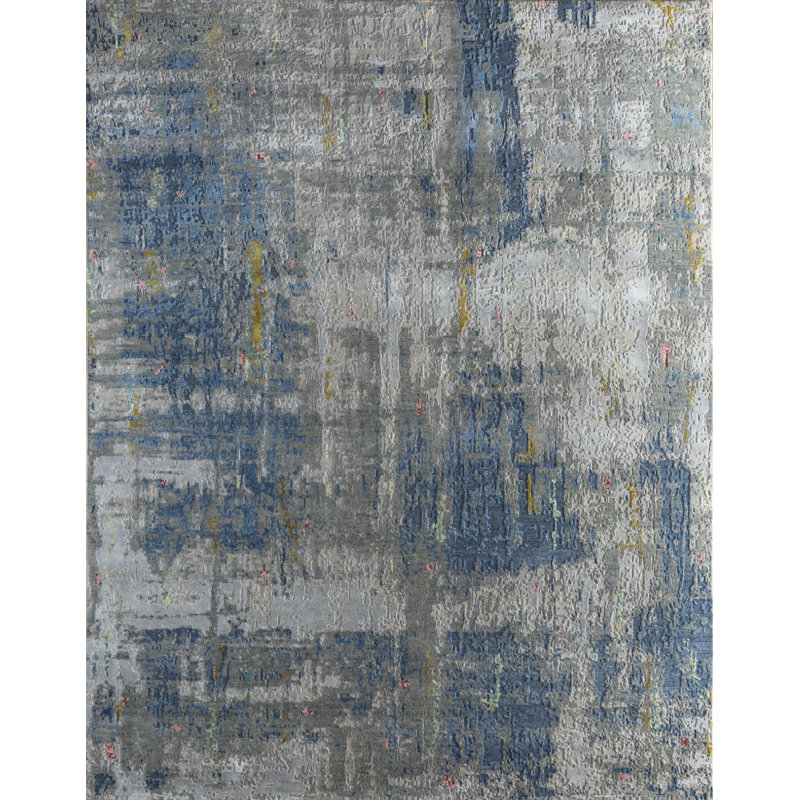 Tapis bleu abstrait noué à la main 8 pi x 10 pi