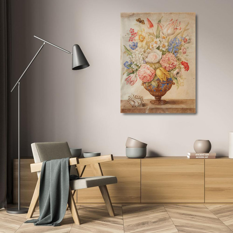 "Flowers in a Lapis-Lazuli Vase on a Marble Top with a Conch Shell and a Monarch Butterfly" by  Giovanna Garzoni - Gallery Wrap Canvas Wall Art