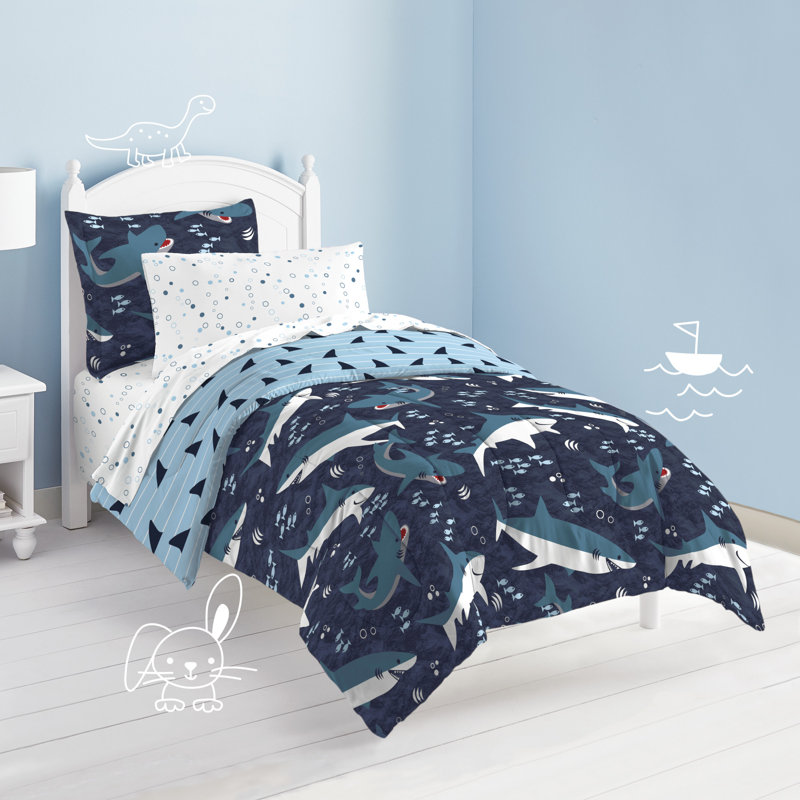 Ensemble d'édredon réversible en microfibre Sharks Blue, Édredon simple + 4 pièces supplémentaires