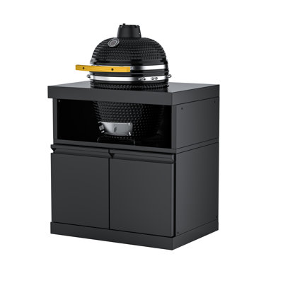 Îlot de cuisine extérieur avec gril au charbon Kamado de Sera, armoire en acier inoxydable noir avec comptoir en granite noir Galaxy - Îlot de barbecue de qualité supérieure avec rangement