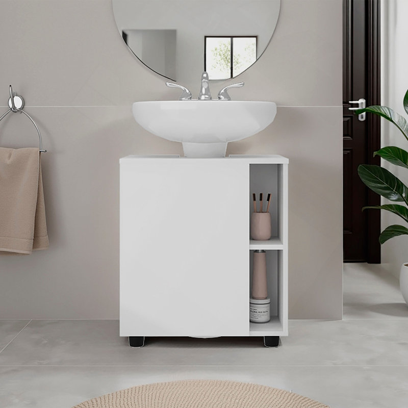 Parade Under Pedestal Sink Cabinet, 1 Door, 5 Open Compartments, Melamine Finish, White, White