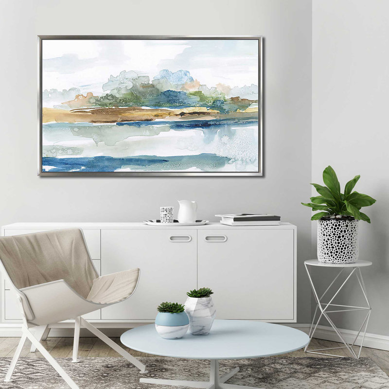 «Blue Solace» par Nan - Peinture, Cadre flottant argent, H 39,5 po x l 63,5 po x P 2 po