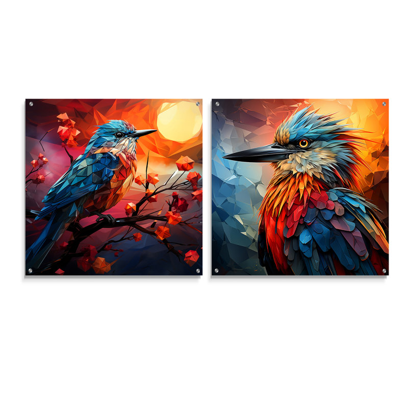Bird Cubist Skies - Ensemble de 2 verres muraux en acrylique, H 16 po x l 33 po