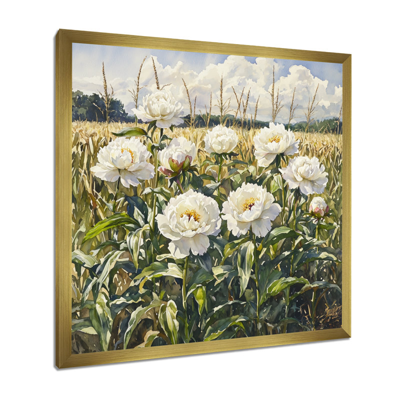 Été pivoines dans le champ de maïs III - pivoines, art mural pour le salon, Reproduction encadrée d'une seule photo, Doré