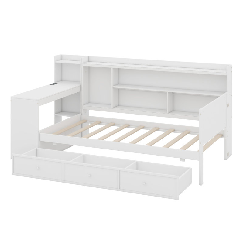 Lit de jour avec tiroirs, ports USB et bureau, Lit simple, Blanc