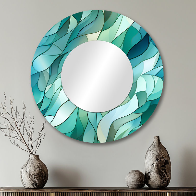Motif de bord de mer mosaïque émeraude - miroir mural abstrait, miroir décoratif moderne, impression d'art en métal, Rond