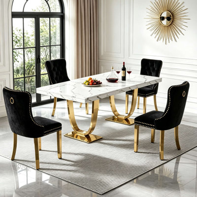 Ensemble de table de salle à manger 70,87 "de luxe moderne en faux marbre pour 4, ensemble de table de cuisine 5 pièces avec base unique en acier inoxydable en forme d'anneau double et 4 chaises de salle à manger rembourrées en velours noir, plateau de table en marbre, résistant aux rayures et aux taches et facile à nettoyer