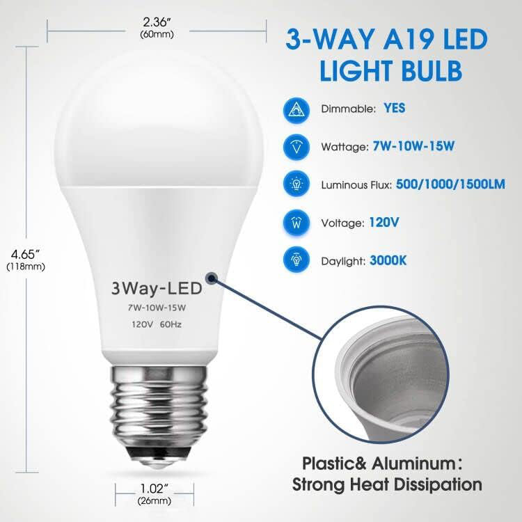 3-Way A19 LED Bulb, 50/100/150W Eqv, 5000K Daylight, E26 Base