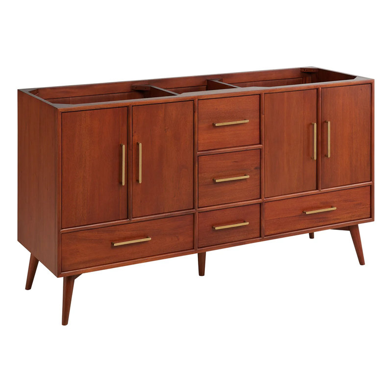 60" Novak Double Bathroom Vanity Set with Oval Undermount Sinks, Natural Teak, 8" Widespread, Carrara Marble