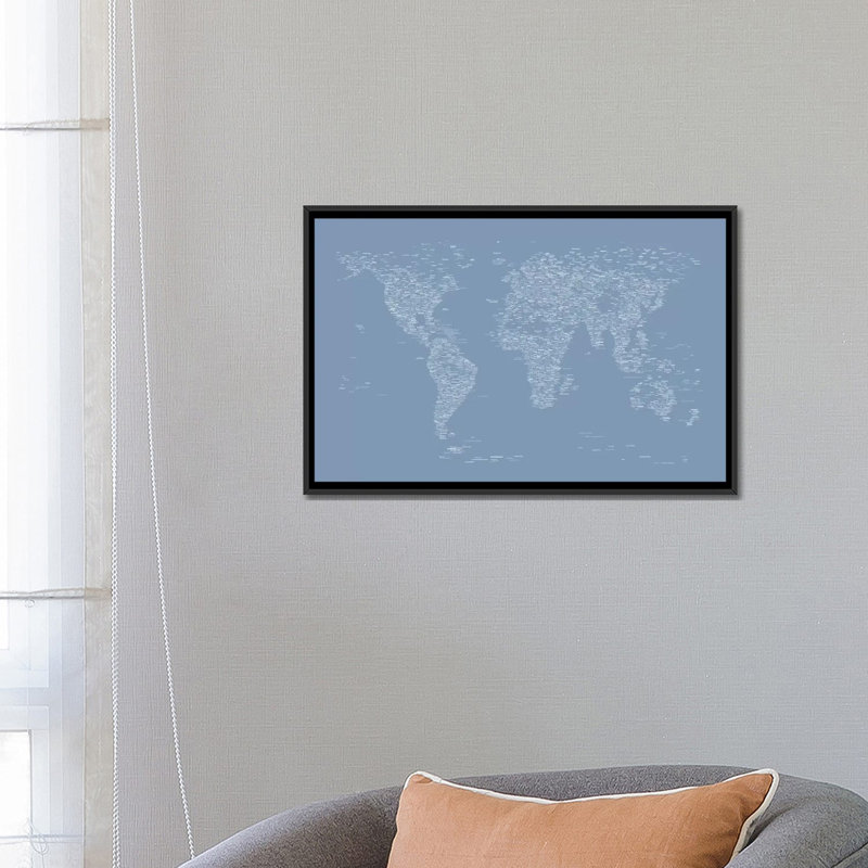 «Font World Map» par Michael Tompsett, impression sur toile tendue en bleu clair, H 18 po x l 26 po x P 1,5 po, Pas de tapis