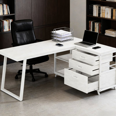 Bureau à dessin en forme de L blanc pour le bureau personnel 2 petits tiroirs, 1 grand tiroir, des tablettes ouvertes, un bureau spacieux de l 53 po x P 19,7 po, facile à assembler et avec beaucoup de rangement