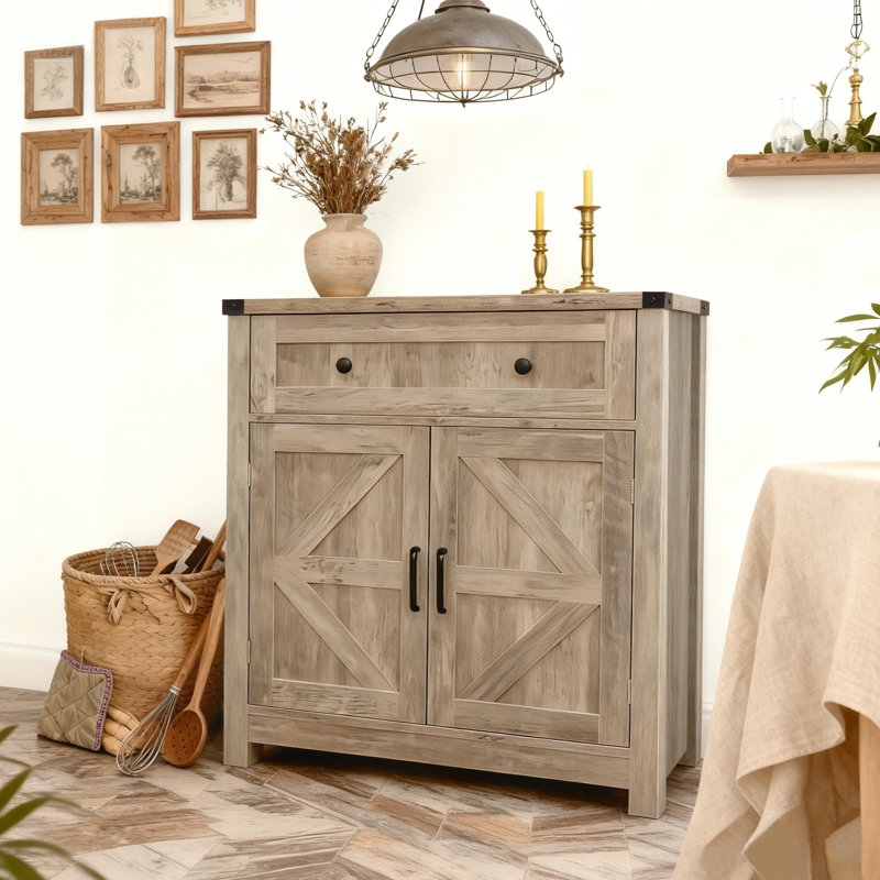 Buffet à porte de grange avec tiroir - Bois gris délavé, convenant à la cuisine, à la salle de bain, au balcon, à la salle à manger et au vestibule, armoire de rangement en argent avec porte en bois de grange classique, un tiroir, deux portes,