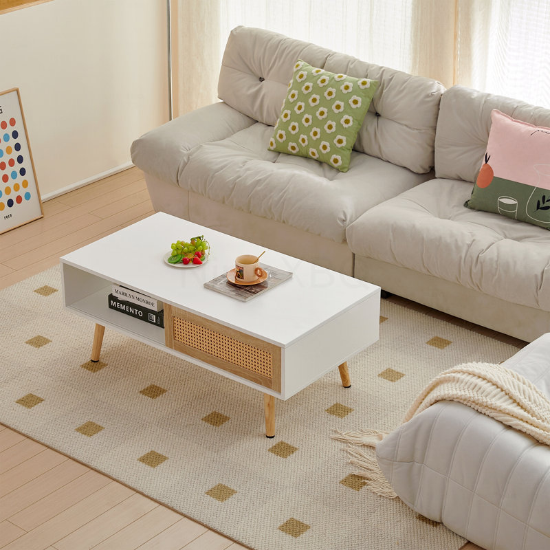 Table basse en rotin de 41,34 po avec porte coulissante en bois massif et pieds modernes pour le salon, Blanc