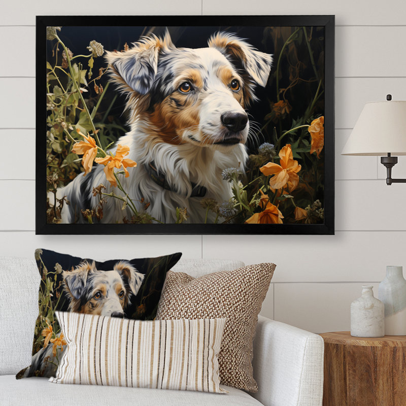 Dog Inquisitive Canine Pastoral - Imprimé, Cadre simple noir, H 12 po x l 20 po x P 1 po