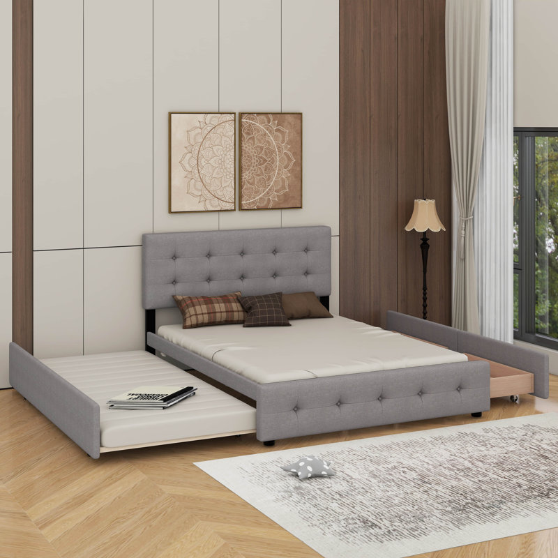 Grand lit plateforme tapissier avec tiroirs et lit gigogne, Gris clair