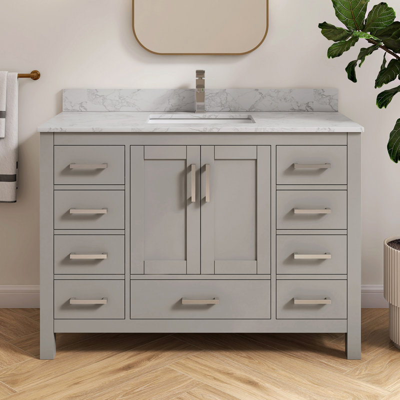 Aura 48 Inch Fully Assembled Bathroom Vanity with Solid Surface Engineered Marble Top, Modern Freestanding Bathroom Vanity Cabinet with Textured Countertop and Backsplash