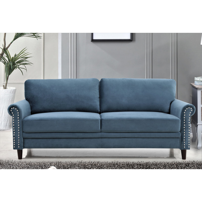 79.5" Velvet Rolled Arm Sofa, Teal Blue Velvet