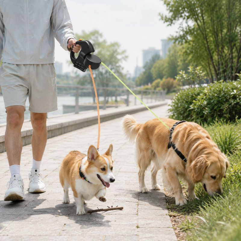 Laisse pour chien rétractable 2 en 1 pour deux chiens avec poignée ergonomique et frein à une main, Noir