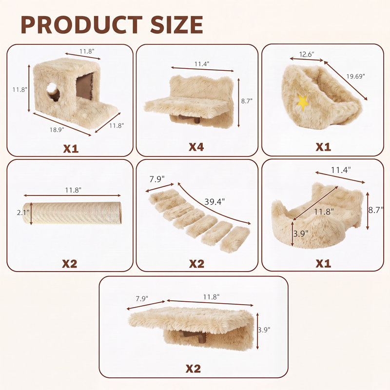 Ensemble de 13 étagères murales pour chat, comprenant un condo pour chat, un lit pour chat et un arbre à chat., Beige