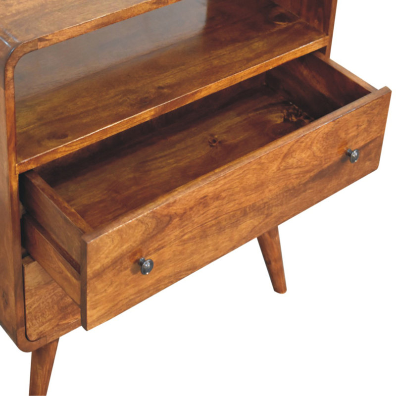 Console en bois courbé Nordic Charm, 2 tiroirs, 1 rangement ouvert, pieds nordiques, brun