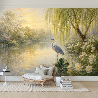Papier peint adhésif pelez et collez Scène de lac serein Héron au milieu d'arbres floraux Pastels doux papier autocollant amovible pour décoration murale de salon H 100 po x l 144 po