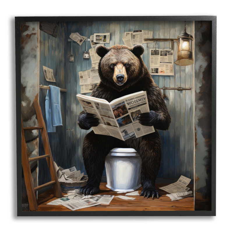 Ours avec journal, salle de bain, impression sur toile, H 12 po x l 12 po, Giclée encadrée noir minuit