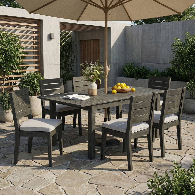 Ensemble de salle à manger d'extérieur en bois d'acacia pour 6 personnes avec table extensible et coussins Arlynes, 6