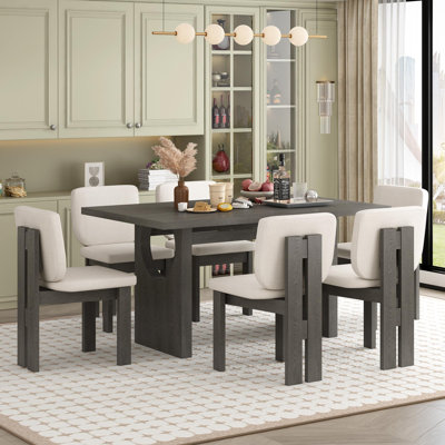 7-Piece Retro Dining Set, 1 Rectangular Table with Designed Trestle Base and 6 Upholstered Chairs for Dining Room and Kitchen