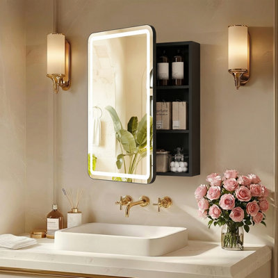 Armoire de toilette à miroir à DEL, armoire à pharmacie murale en métal noir mat avec tablettes de rangement réglables à 3 niveaux, 3 lumières à intensité variable, armoire de toilette à contrôle tactile anti-buée pour la salle de bain, pré-assemblée, prise américaine