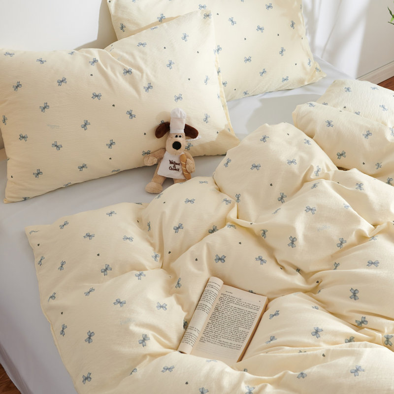 Bow Jacquard Duvet Cover Cartoon Pink Blue Bowknot Pattern Comforter Cover Cotton-like Soft Breathable Cute Coquette Bedding Set