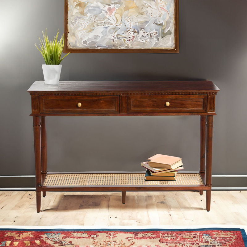 Console en bois massif Ayleena Maxwelton avec 2 tiroirs et tablette de rangement, Brun