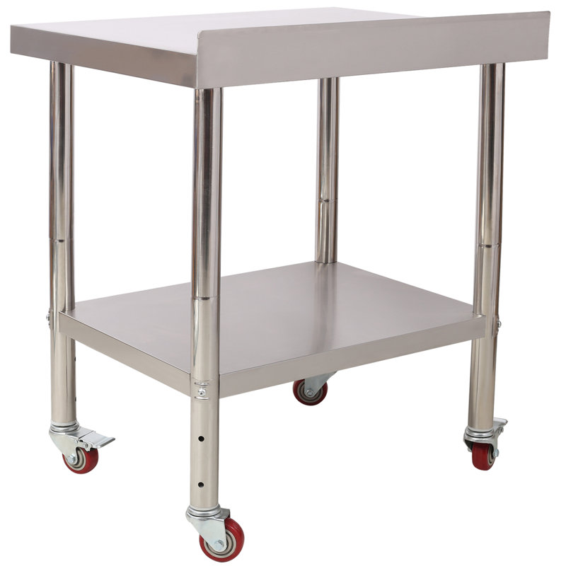 Table de préparation robuste en acier inoxydable avec dosseret et roulettes, tablette réglable