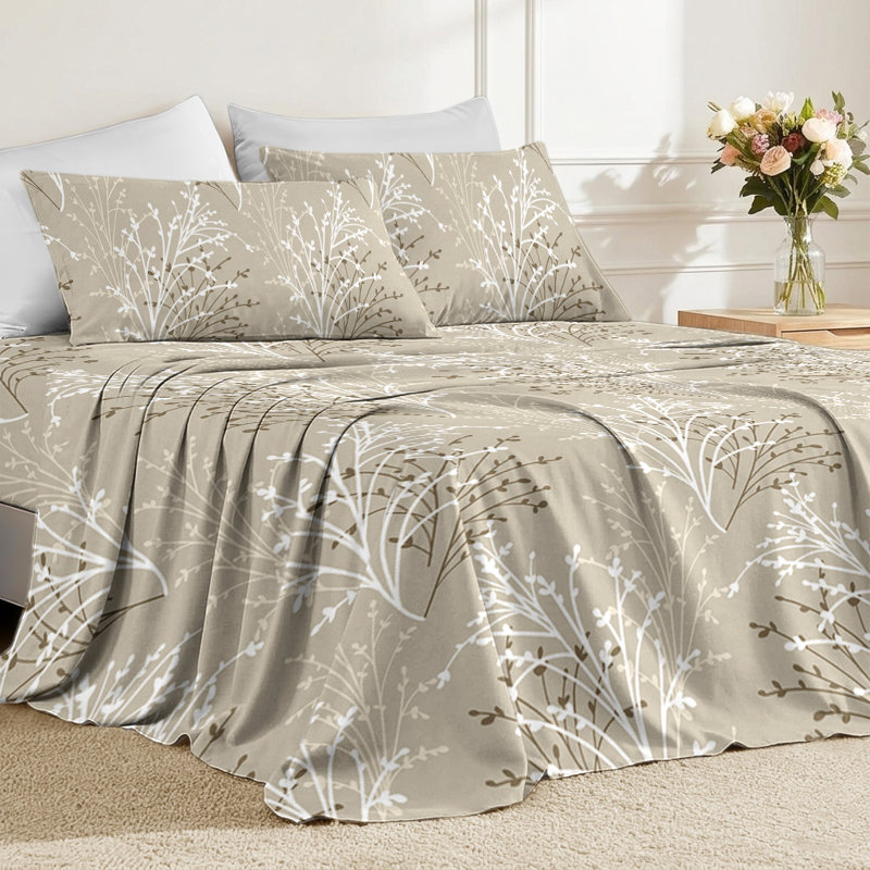 Ensemble de draps 4 pièces à motif floral feuille d'eucalyptus grand, drap de lit vert avec taies d'oreiller, ensembles de literie ultra doux