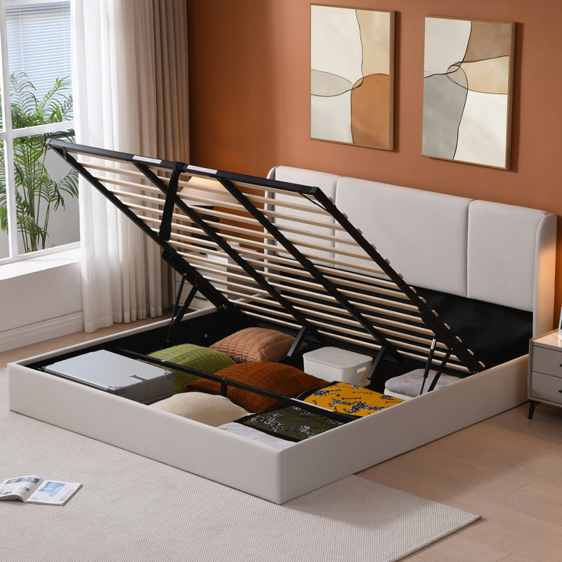 Juanetta Hydraulic Lift Up Storage Wingback Upholstered Platform Bed, Greige, California King