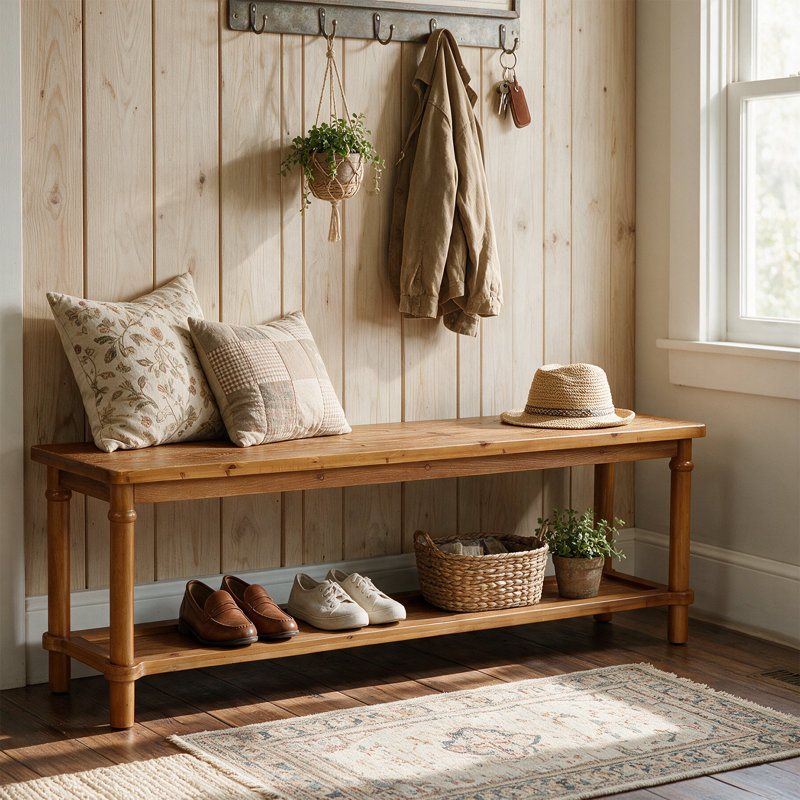 Banc d'entrée en bois massif de 160 cm (63 po), banc de rangement pour chaussures de style champêtre avec 4 pieds robustes pour l'entrée