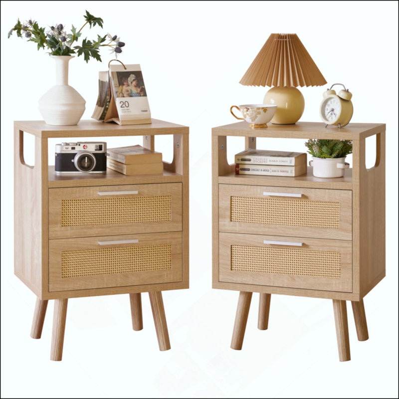 Ensemble de 2 tables de chevet avec 2 tiroirs et rangement moderne avec poignées en métal, table de bout en bois pour la chambre à coucher