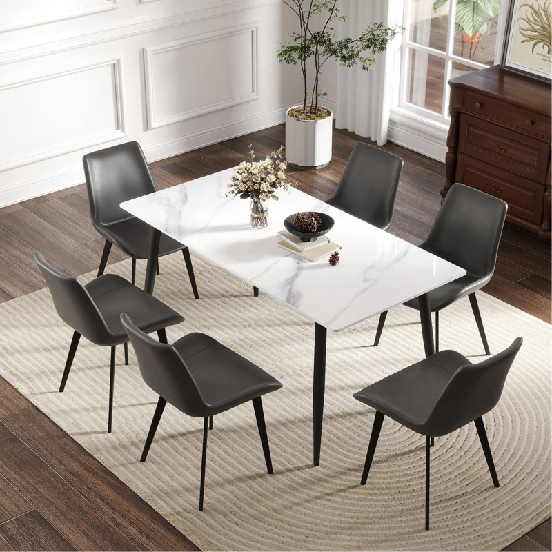 Table de salle à manger moderne en pierre artificielle à rebords droits en métal noir pouvant accueillir 6 personnes (table de salle à manger seulement)
