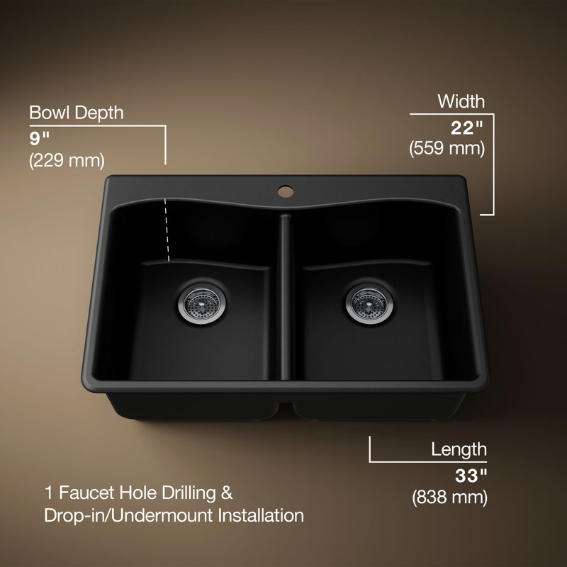 Kennon 33" L x 22" W Double Basin Dual Mount Kitchen Sink, Matte Black