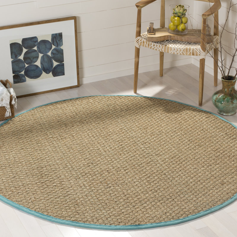 Oxnard Auckland Bamboo Slat/Seagrass Natural/Teal Area Rug, Round 6'
