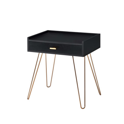Black Accent Table With Matte Copper Handle And Drawer, 23.5 Mid-Century Appeal, 23.5" Hairpin Legs
