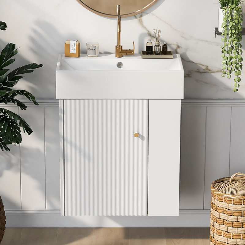 Meuble-lavabo flottant avec lavabo en céramique, Blanc, Doré