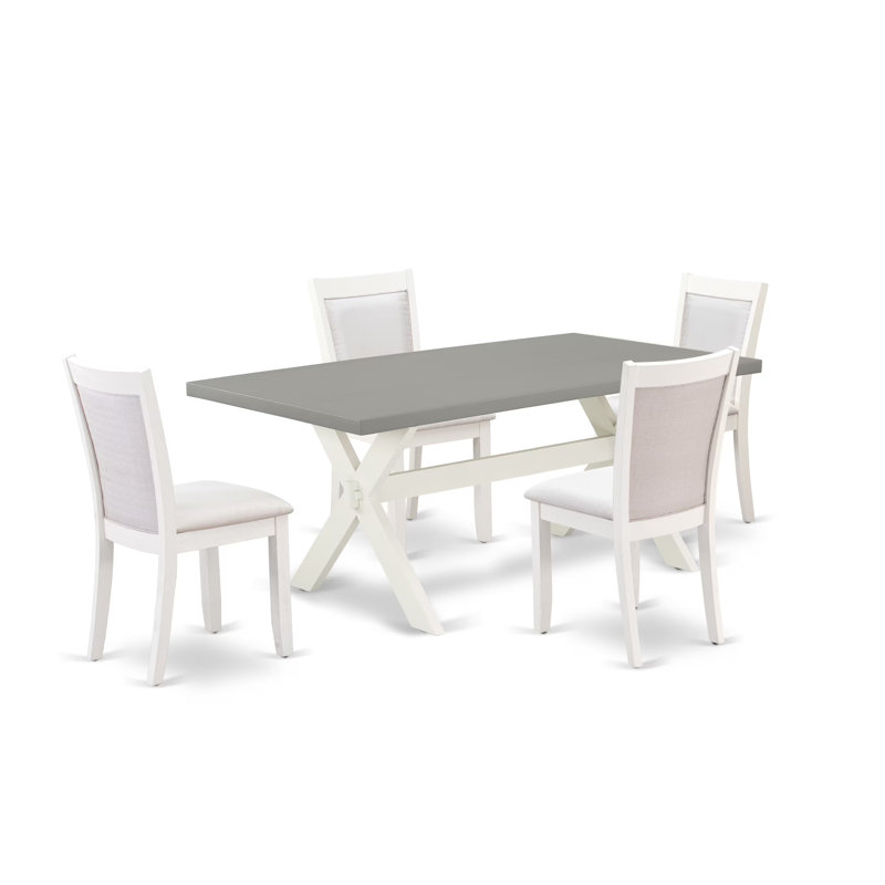 L'ensemble de table de salle à manger 5 pièces pour 4 personnes comprend une table de cuisine rectangulaire avec pieds en X et 4 chaises de salle à manger Parsons en tissu crème, lin brossé blanc
