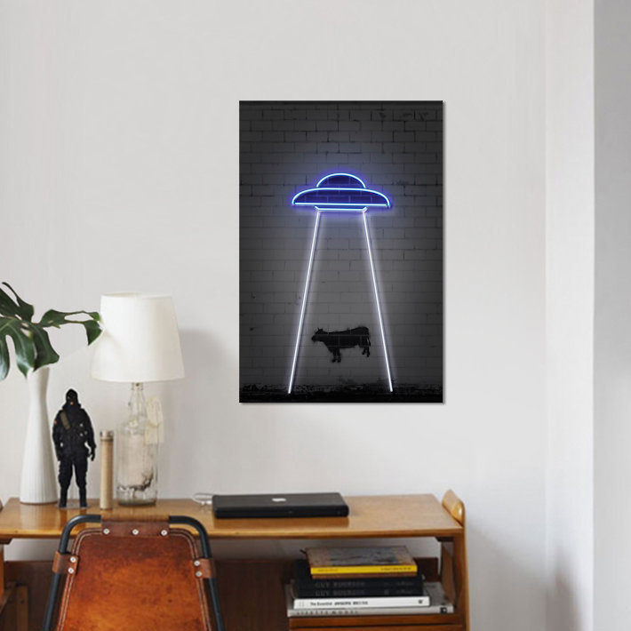 « ufo », impression sur toile tendue, H 32 po x l 24 po x P 1 po, Papier avec cadre noir, Blanc