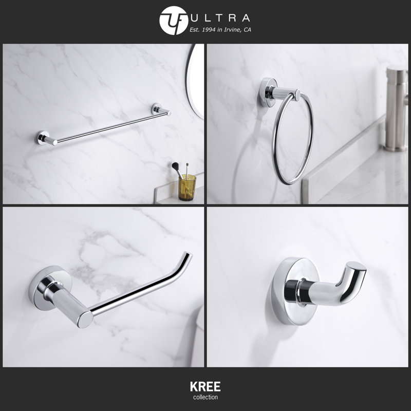 Kree Collection 4 Piece Bathroom Hardware Set: 24" Towel Bar, Towel Ring, Toilet Paper Hook & Robe Hook - Chrome Polished