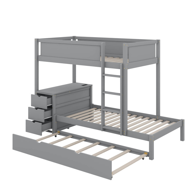 Lit superposé avec lit gigogne, rangement et bureau, Simple sur simple, Gris