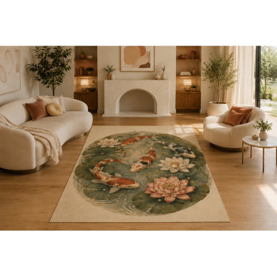 "Ultra Lightweight" 5'x7' Koi Fish Lotus Pond Area Rug, Soft Low Pile Non-Slip Indoor Carpet for Living Room, Bedroom, Meditation Room, Office and Tranquil Asian Inspired Home Decor, Green