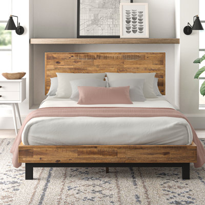 Lirim Rustic Solid Wood Platform Bed with Adjustable Headboard