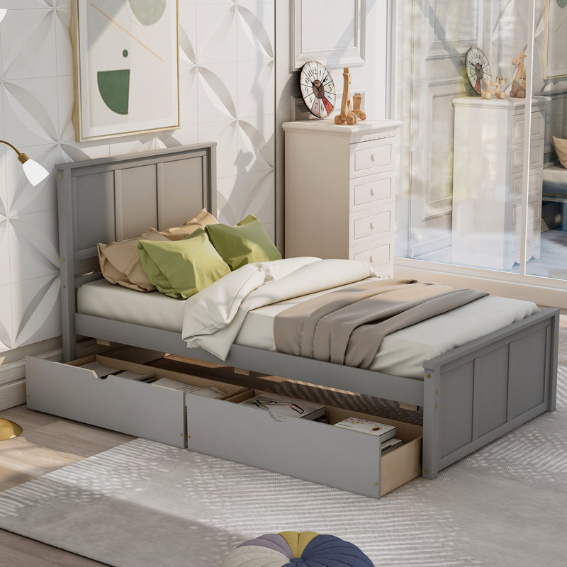 Lit plateforme simple avec 2 tiroirs et roulettes Tuzla, Gris